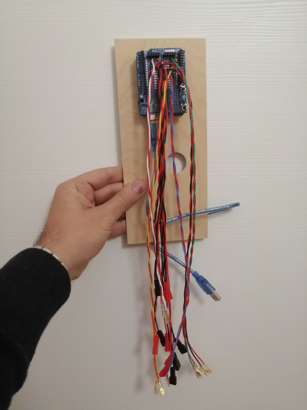 The cables connected on Arduino Uno Shield